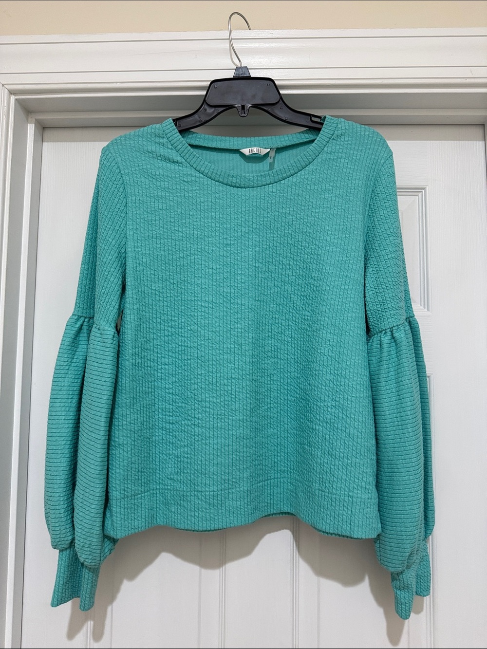 Kaktus Teal Textured Balloon Sleeve Sweatshirt